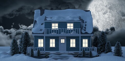 Moon lighting house coated of snow