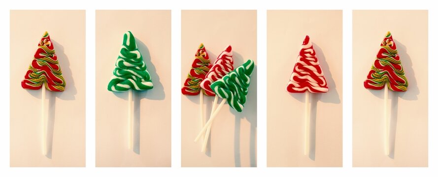 Naklejki Presenting flat panel layout showing Christmas tree lollipops with swirled red green white candy
