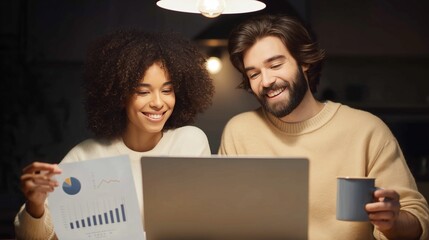 Teamwork and partnership in personal finance, as a smiling man and woman collaboratively review their expenses online, feeling empowered and in control.