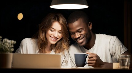 A happy, diverse couple works together on their monthly budget, using a laptop at their kitchen table in the evening to plan for their financial future.
