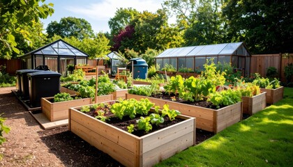 community garden with planting vegetables, compost bins, and greenhouses, sustainability theme