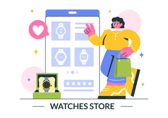 Watches Store Vector Illustration with of Stylish Wristwatch Collection, Featuring Various Analog and Digital Models in a Flat Style Background