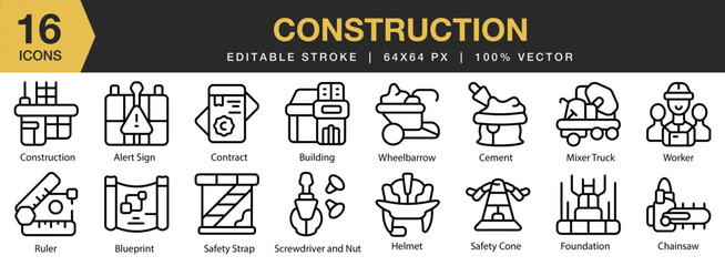Construction icon set. Editable Stroke Icon Collection. Includes construction, industry, builder, architecture, worker, and More. Outline icons vector collection.