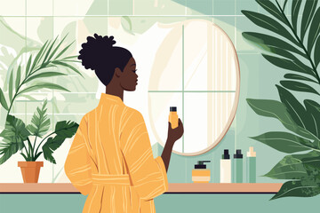 African woman doing skincare routine at home in bathrobe, mirror and plants in background vector illustration