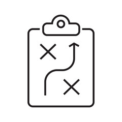 Outline icon of a clipboard with planning symbols representing business strategy. Editable stroke. Vector illustration.