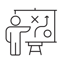 Outline icon of a person giving a business presentation using a board chart. Editable stroke. Vector illustration.