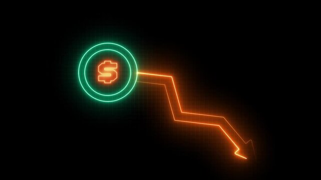 Neon Cash Falling Animation, Down Arrow Stock Chart, Financial Loss and Crisis Graph, 4K Video