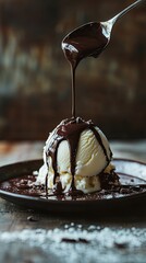 drizzling chocolate sauce over ice cream scoop.