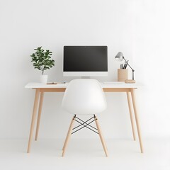 Modern Minimalist Workspace with Computer and Green Plant
