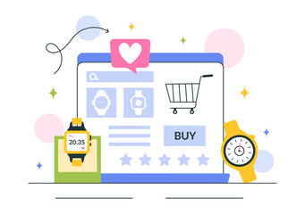 Watches Store Vector Illustration with of Stylish Wristwatch Collection, Featuring Various Analog and Digital Models in a Flat Style Background