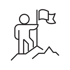 Outline icon of a person on a mountain peak with a flag, symbolizing leadership, achievement, and business success. Editable stroke. Vector illustration.