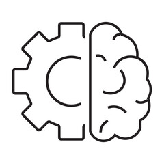 Outline icon of a brain with gear symbolizing smart thinking, mental processing, and innovation. Editable stroke. Vector illustration.