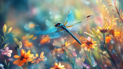 Vibrant blue dragonfly in flight above a field of colorful wildflowers, illuminated by sunlight.