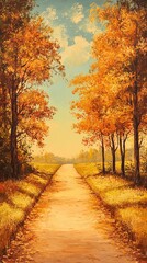 Obraz premium Quiet rural lane bordered by trees in autumn.