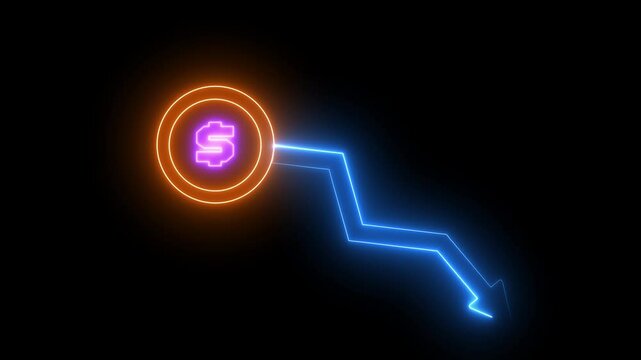 Cash Down Arrow Animation, Neon Stock Market Decline Graph, Financial Crisis Concept, Falling Money Chart, 4K