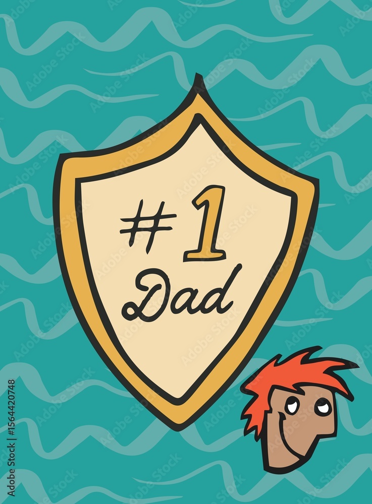 Poster image of number one dad text on shield and face with pattern on blue background