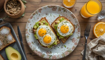 Flatlay of Brunch Table with Avocado Toast, Fried Eggs, and Orange Juice