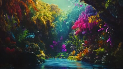 Fototapeta premium Enchanting Riverside Haven, A Mystical Landscape of Vibrant Flora
