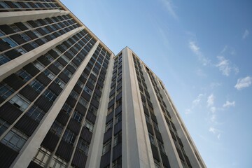 Low angle view of office building against blue sky