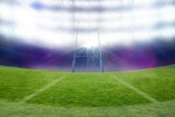 Flat vector H-shaped goal post is standing on turf, white lines under stadium lights, copy space