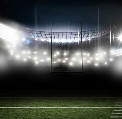 American football goalpost is standing in night stadium vector art, with floodlights and turf
