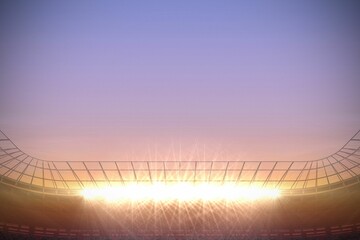 Flat illustration showing empty stadium seating under curved roof with floodlights at sunset sky