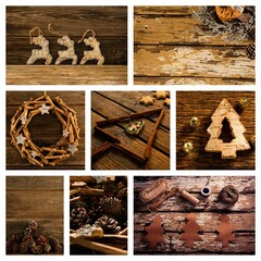 Displaying rustic Christmas collage on aged wood featuring bark Santas, cinnamon stars, cookies