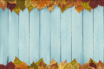 Light blue wooden planks are creating flat design backdrop with autumn leaf border