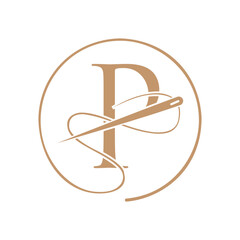 Initial Letter P Tailor Logo, Needle and Thread Logotype for Garment, Embroider, Textile, Fashion, Cloth, Fabric Sign