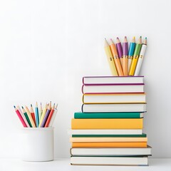 Fototapeta premium Colorful Stationery Arrangement with Notebooks and Pencils on White Background