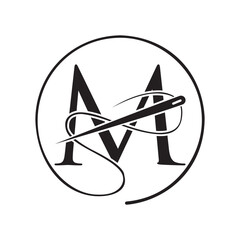 Initial Letter M Tailor Logo, Needle and Thread Logotype for Garment, Embroider, Textile, Fashion, Cloth, Fabric Sign