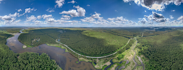 Aerial view of lake or river green shore with forest. Summer season.