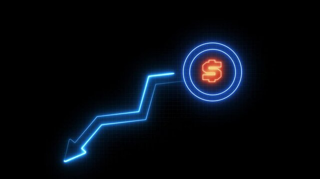 Neon Money Downtrend Animation, Cash with Falling Arrow, Stock Market Crash Graph, Economic Crisis Concept, 4K