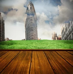 Poster Wooden planks against new york