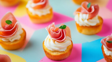 Delicious crostini appetizers with creamy cheese and prosciutto roses elegantly displayed on a vibrant backdrop.
