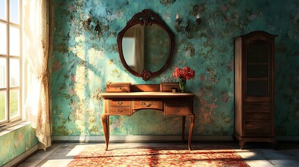 Antique vanity with oval mirror sits against a textured wall in a bright room, showcasing vintage decor and ornate details.
