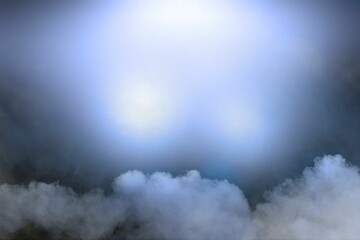 Dense fog spreading across outdoor flat design scene, diffusing bluish light through misty frame