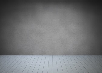 Empty textured gray wall and plank floor are creating flat design studio backdrop, copy space