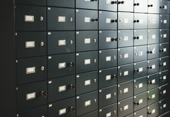 Flat design grid of safety deposit boxes is filling frame with label holders and inserted keys