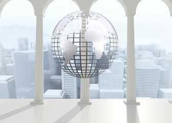 Silver globe floating in room