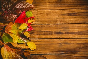 Wooden table with autumn leaves