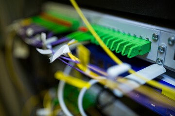 Fiber optic patch panel is displaying green ports and colored cables on rack in flat design