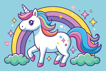 Cute Cartoon Unicorn with Rainbow and Stars
