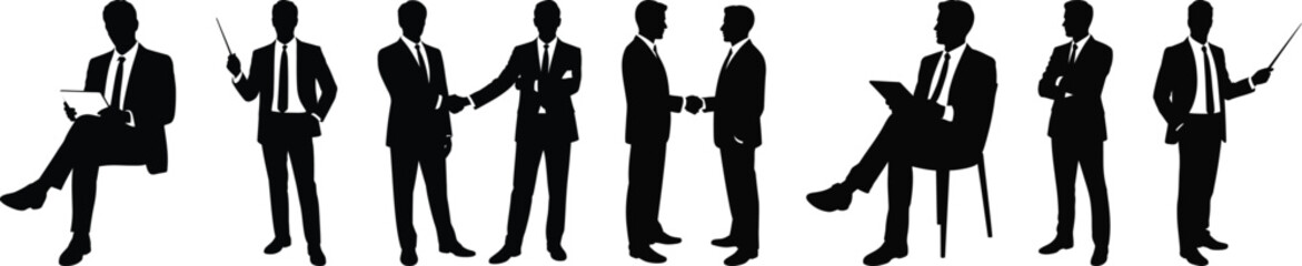 Obraz premium Business silhouette vector showing professionals sitting at a desk, working with laptops, discussing, and carrying a briefcase.