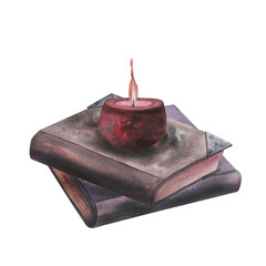 Witch's magical book with pentagram, red wax candle, mushrooms isolated on white. Watercolor hand drawn dark fantasy sketch illustration. Art design mystical halloween witch decoration greeting card