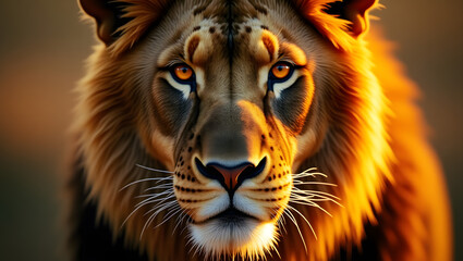 Fototapeta premium Close-Up View of a Lion's Face Lit by Warm Sunset Light