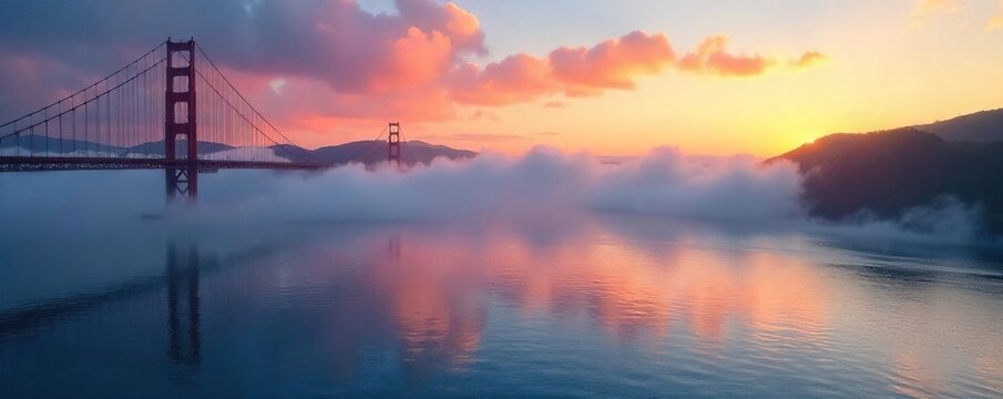 Dramatic Misty Morning on San Francisco Bay Fog Rolling In, Golden Gate Bridge in the Distance