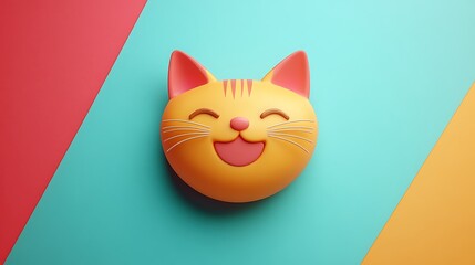 Happy feline face graces a colorful, diagonally split background, radiating joy and playful charm in a modern design.