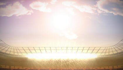 Flat design open-air stadium is showcasing curved canopy with floodlights, stands and railings