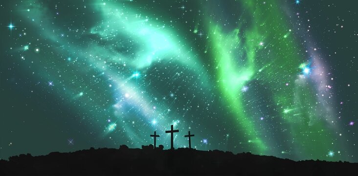 Fototapeta Cross religion symbol shape over sky with aurora borealis